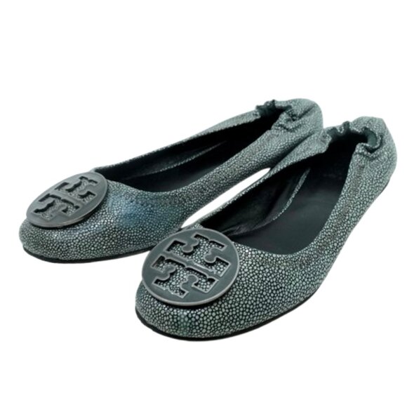 TORY BURCH~Gray Reva Logo~BALLET FLATS~ LEATHER SHOES in GRAY EEL~ SIZE 8.5M - Picture 1 of 6